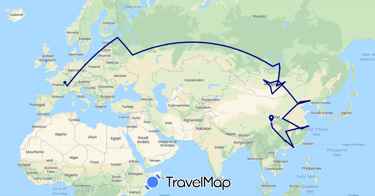 TravelMap itinerary: driving in Switzerland, China, France, Mongolia, Russia (Asia, Europe)